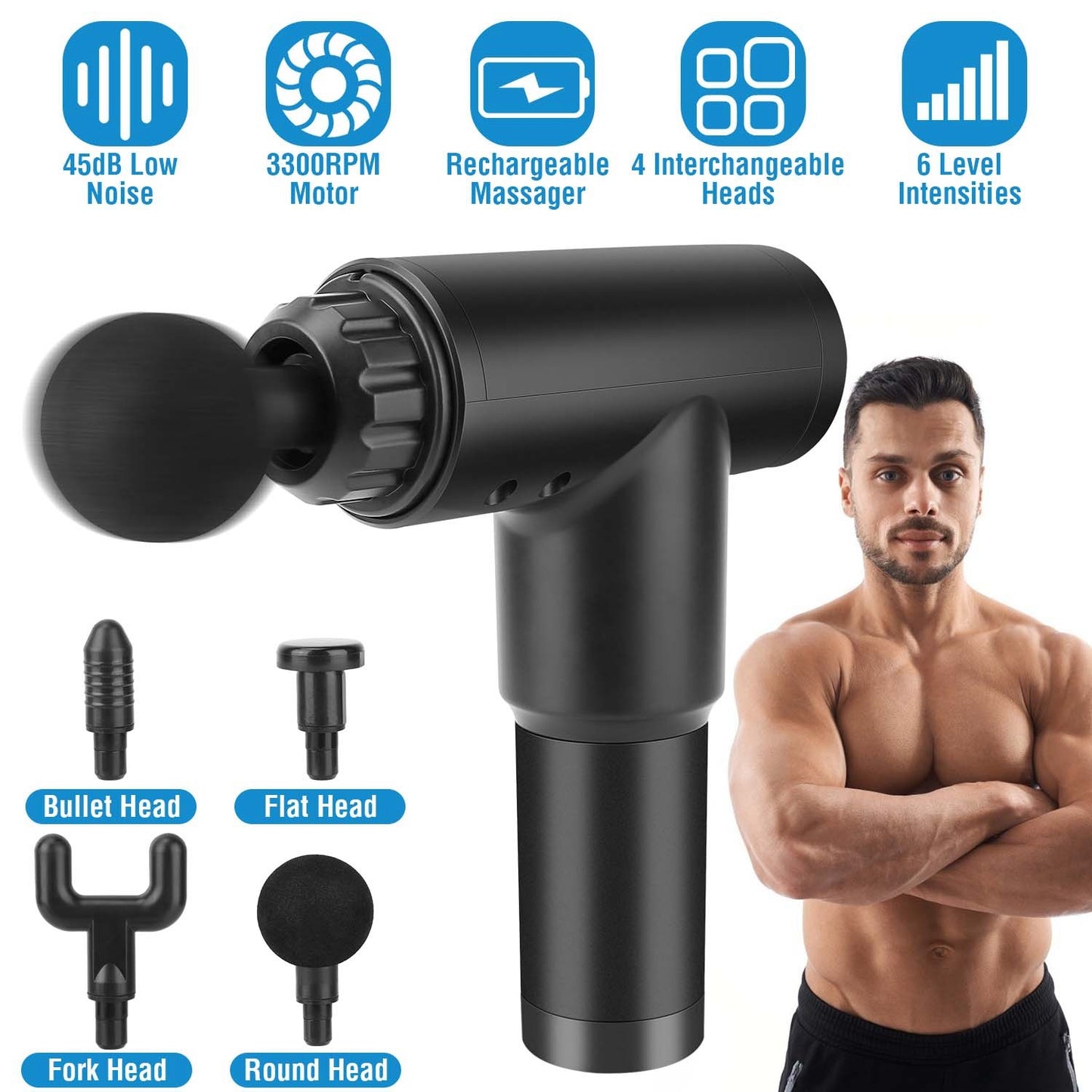 Percussion Massage Gun Rechargeable Deep Tissue Vibration Massager Handheld Leg Body Cordless Massager