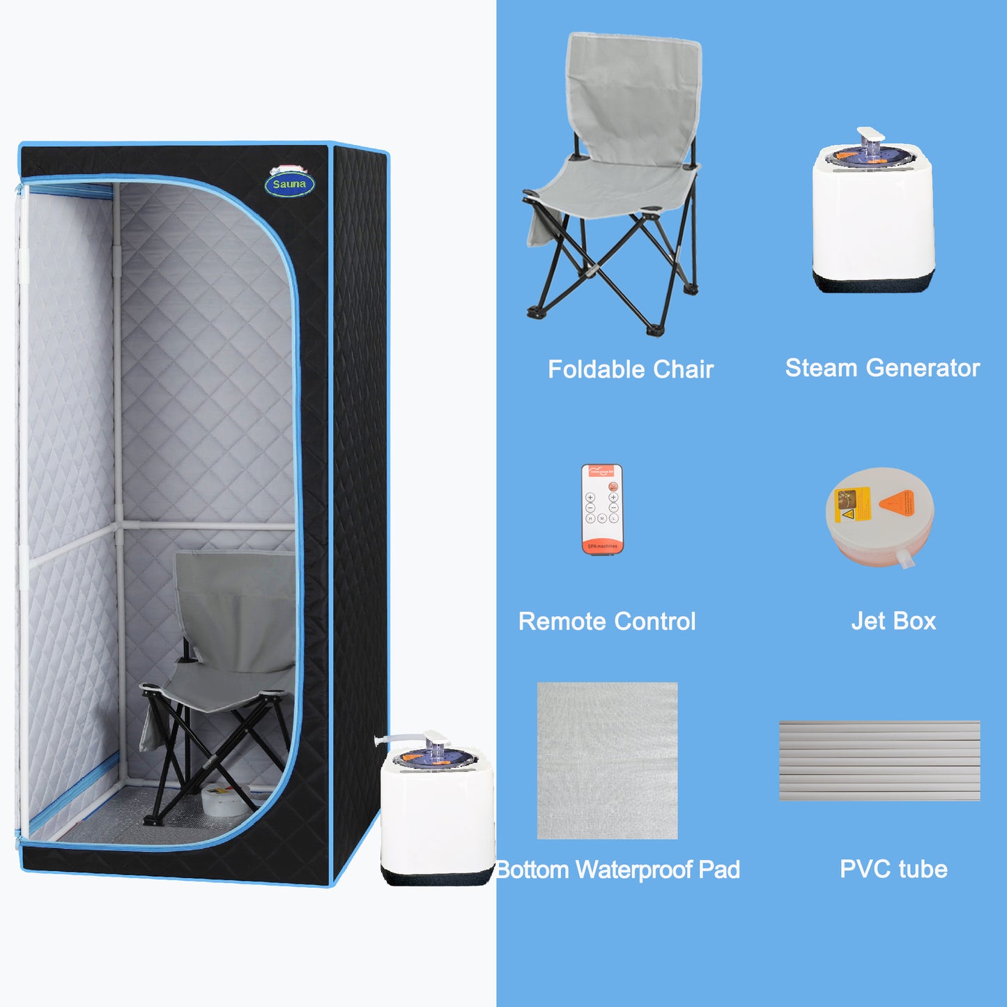 Full Size Portable Black Steam Sauna tent–Personal Home Spa, with Steam Generator, Remote Control, Foldable Chair, Timer and PVC Pipe Connector Easy to Install.Fast heating, with FCC Certification